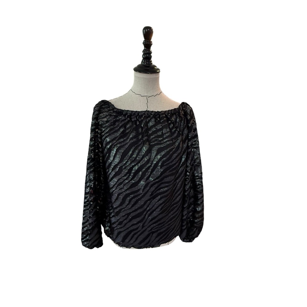 WHBM‎ Black Silver Zebra Burnout Long Semi Sheer Sleeve Top Whimsigoth Sz S EUC